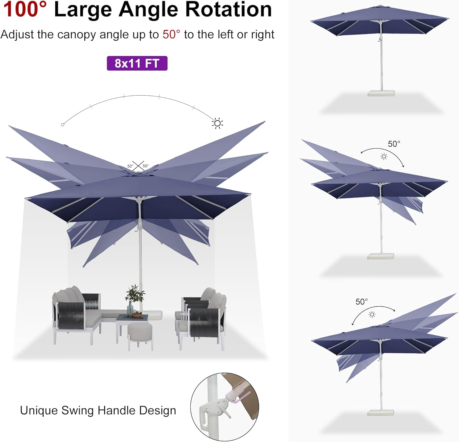 PURPLE LEAF 8' X 11.5' Right-left Tilt Patio Umbrella Swivel White Cantilever Umbrella with Tilt Aluminum Outdoor Umbrella with 360° Rotation for Deck Pool Garden, Navy Blue