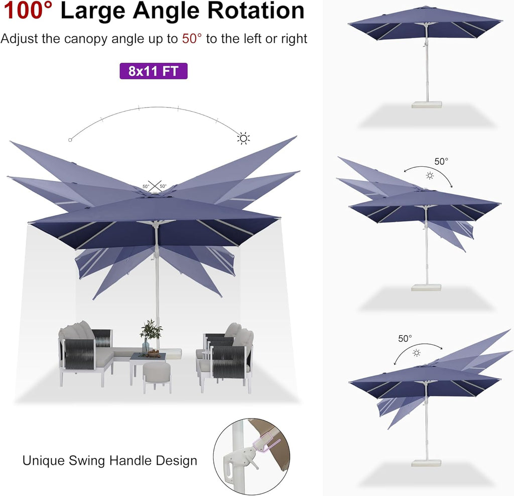 PURPLE LEAF 8' X 11.5' Right-left Tilt Patio Umbrella Swivel White Cantilever Umbrella with Tilt Aluminum Outdoor Umbrella with 360° Rotation for Deck Pool Garden, Navy Blue