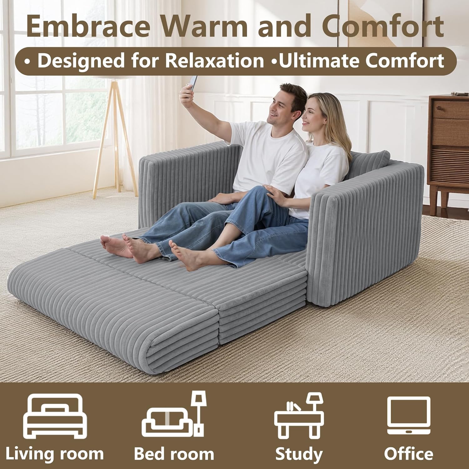 HABUTWAY Folding Sofa Bed, 2 in 1 Convertible Sleeper Chair with Pillow, Portable Fold Out Chair Bed with Armrest, Comfy Floor Couch, Lazy Sofa for Living Room Bedroom Dorm Home Office, Light Grey