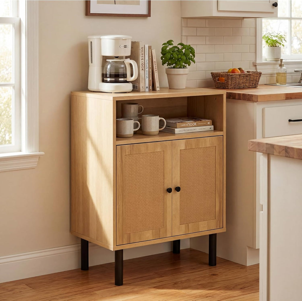 Narrow Storage Cabinet with Rattan Doors, 32" Tall Small Cabinet for Bathroom, Small Space Hallway Entryway, Free-Standing Sideboard for Laundry Room Kitchen, Easy Assembly(Dark Oak)