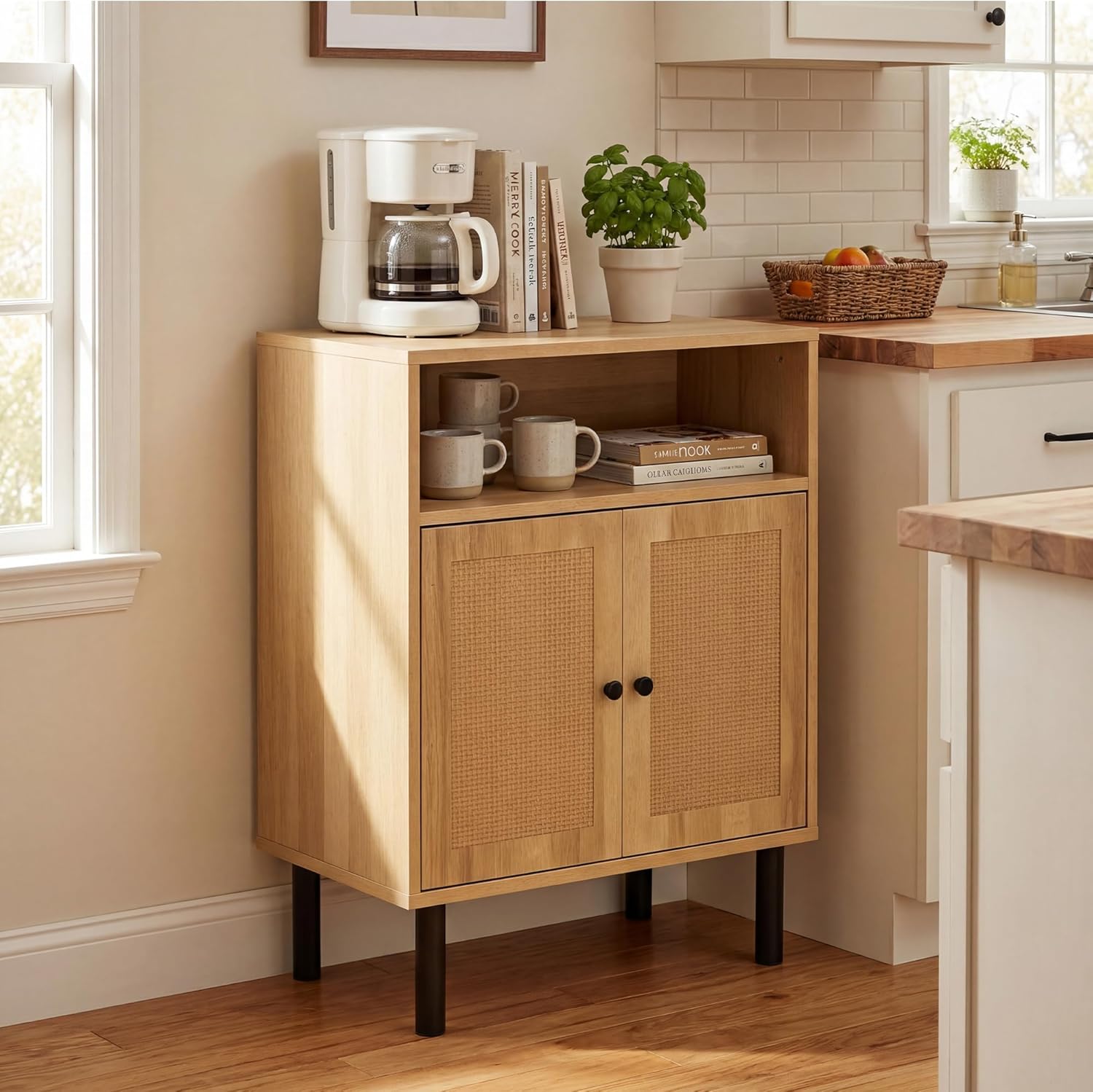Narrow Storage Cabinet with Rattan Doors, 32" Tall Small Cabinet for Bathroom, Small Space Hallway Entryway, Free-Standing Sideboard for Laundry Room Kitchen, Easy Assembly(Dark Oak)
