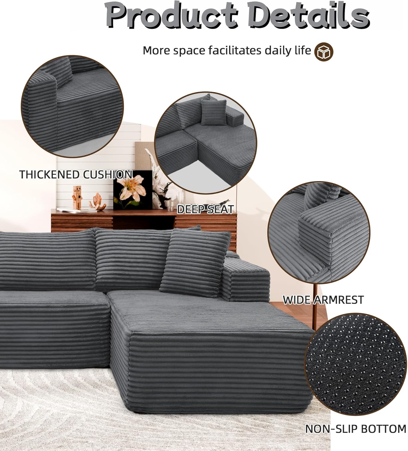Cloud Sectional Couch, 105” Fluffy Modular L-Shape Sofa with Left Chaise Lounge, Modular Sectional Sofa in a Box, Boneless Couch for Living Room, No Assembly Required, Flannel Gray