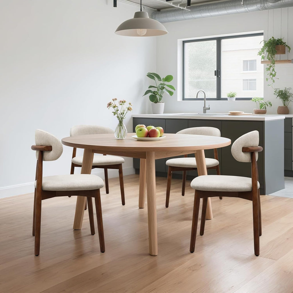 Farmhouse Dining Chairs Set of 4, Mid Century Modern Wooden Dining Room Chairs, Farmhouse Fabric Upholstered Kitchen Dinner Chairs for Living Room Restaurant Cafe, Walnut/Warm Grey