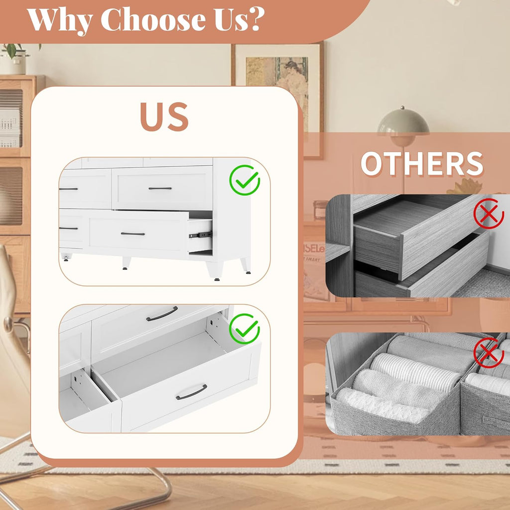 7-Drawer Dresser for Bedroom, 52" Wide White Steel Chest of Drawers with Anti-Tipping Design, Odor-Free Easy to Clean Storage Organizer for Living Room, Entryway, Hallway, Home Office