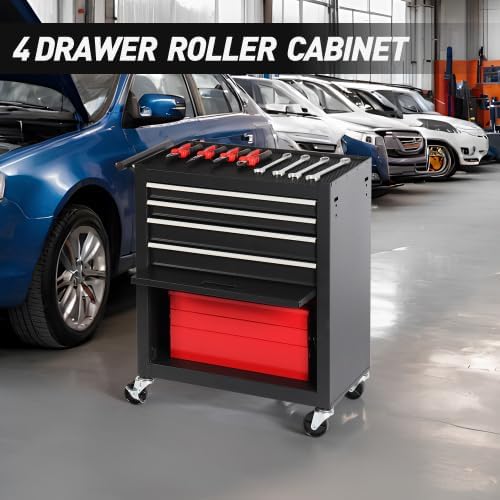 4-Drawer Rolling Tool Chest, Cabinet with 4 Wheels Tool Chest with Drawers, Suitable for Garages, Warehouses, Workshops, Repair Shops, Black