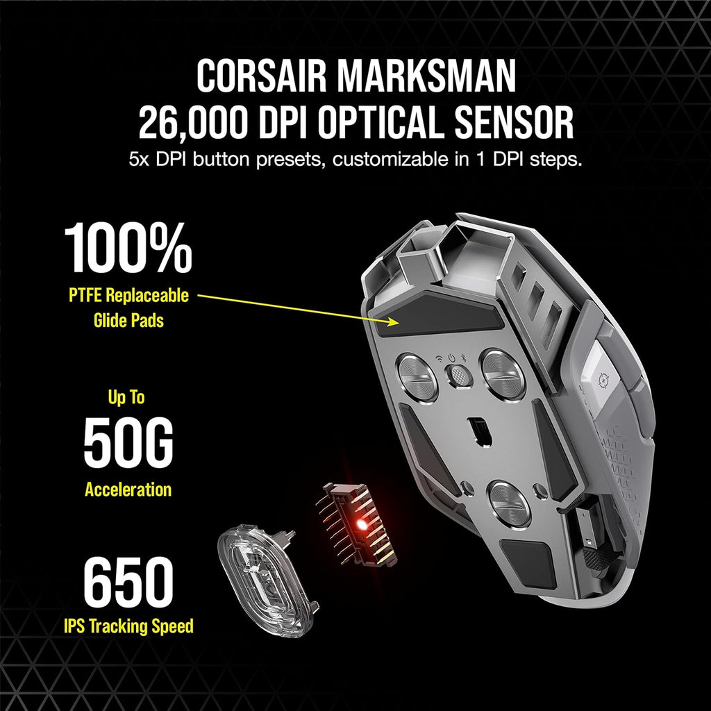 Corsair M65 RGB Ultra Wireless Tunable FPS Wireless Gaming Mouse - Sub-1ms Slipstream Wireless Technology, 26,000 DPI Optical Sensor, Up to 120 Hours of Battery Life, 8 Programmable Buttons - White