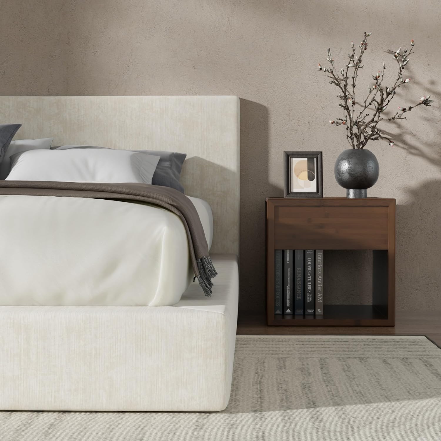 RECCI Cloud Upholstered King Bed Frame with Headboard, 5 Inch Foam Padded Platform, No Box Spring, Easy Assembly (Cream)