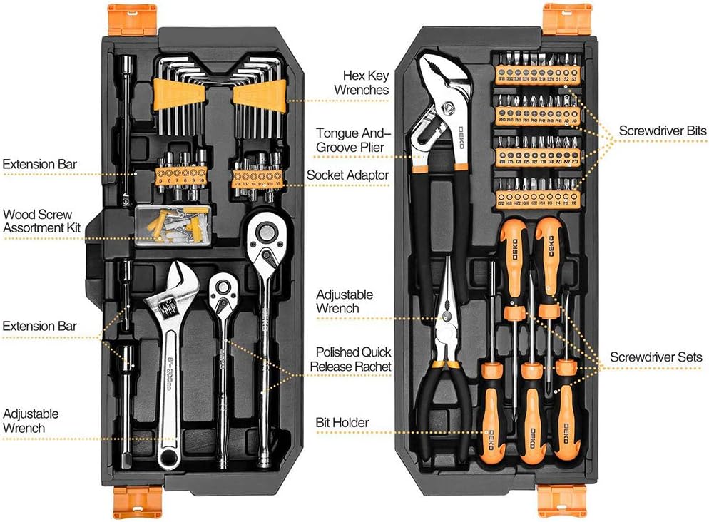 DEKOPRO 192 Piece Mechanics Tool Set Socket Wrench Set, Plastic Storage Case with Auto Repair Hand Tool Kit Wrench Tool Box Set