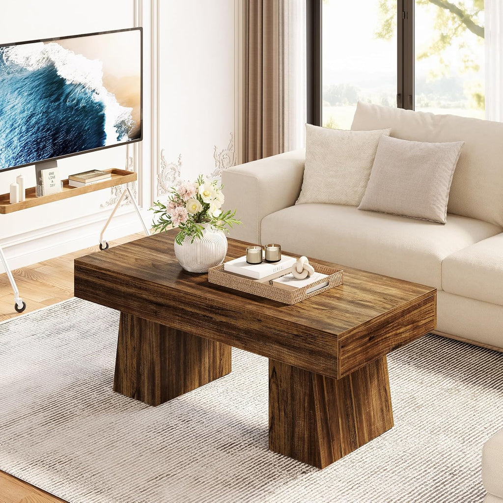 LITTLE TREE Farmhouse Coffee Table, 47 Inches Living Room Table, Rectangular Wooden Accent Center Tables with Thick Base, Modern Low Cocktail Tea Furniture for Living Room (Walnut Brown)