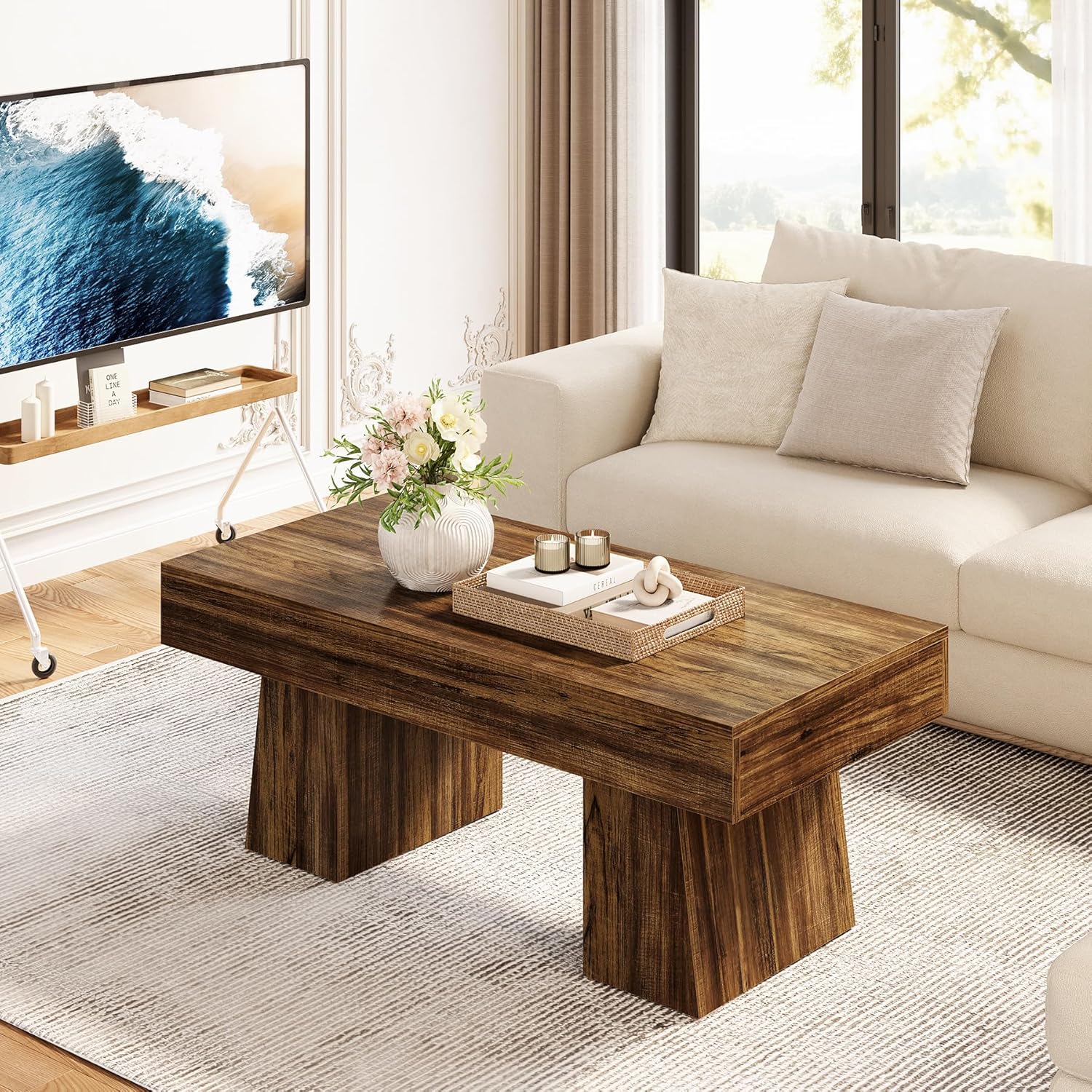 LITTLE TREE Farmhouse Coffee Table, 47 Inches Living Room Table, Rectangular Wooden Accent Center Tables with Thick Base, Modern Low Cocktail Tea Furniture for Living Room (Walnut Brown)