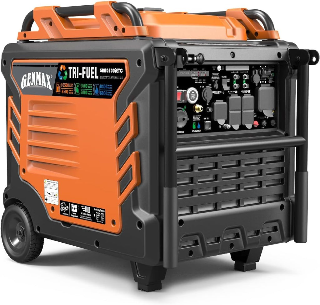 GENMAX Tri Fuel Generator 10500-Watt 458cc Tri Fuel Gasoline Propane Natural Gas Portable 50A Generator with Remote Start Ideal for Home backup power.