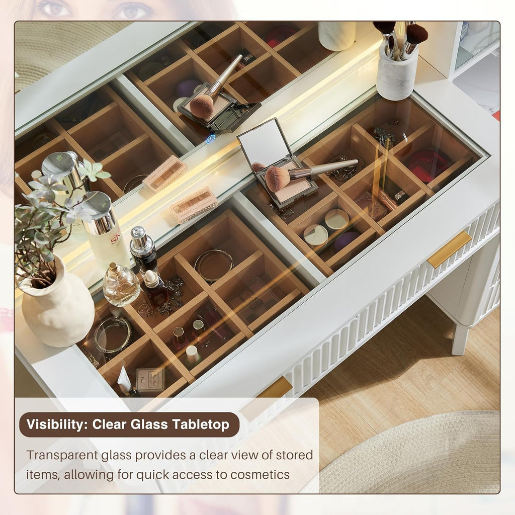 T4TREAM 48" Fluted Makeup Vanity Desk with Large 36" Mirror and Lights, Modern Glass Top Big Vanity Table with 5 Drawers & Adjustable Shelves, Dressing Table Set w/Charging Station for Bedroom, White