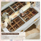 T4TREAM 48" Fluted Makeup Vanity Desk with Large 36" Mirror and Lights, Modern Glass Top Big Vanity Table with 5 Drawers & Adjustable Shelves, Dressing Table Set w/Charging Station for Bedroom, White