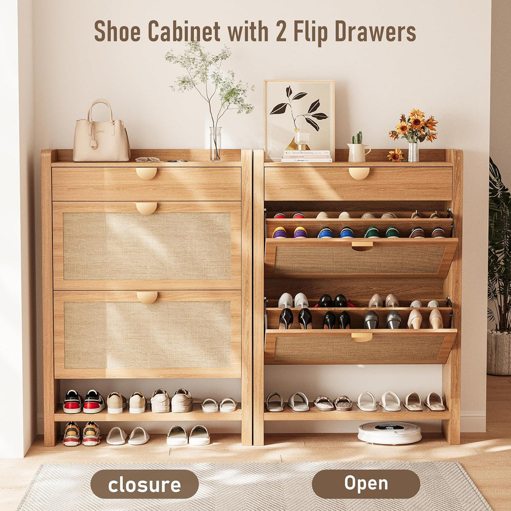 INNOD Rattan Shoe Storage Cabinet, Shoe Organizer with 2 Flip Drawers, Narrow Shoe Cabinet, Free Standing Hidden Shoe Storage, Shoe Rack for Entryway/Hallway/Closet, Natural Oak