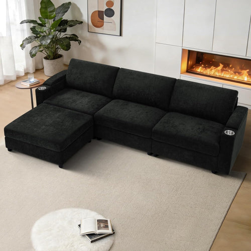 108'' Chenille Sectional Couch with Storage Armrests,L Shaped Upholstered Sofa with Movable Ottoman, 4-Seat Modular Couch with Cup Holders for Living Room, Black