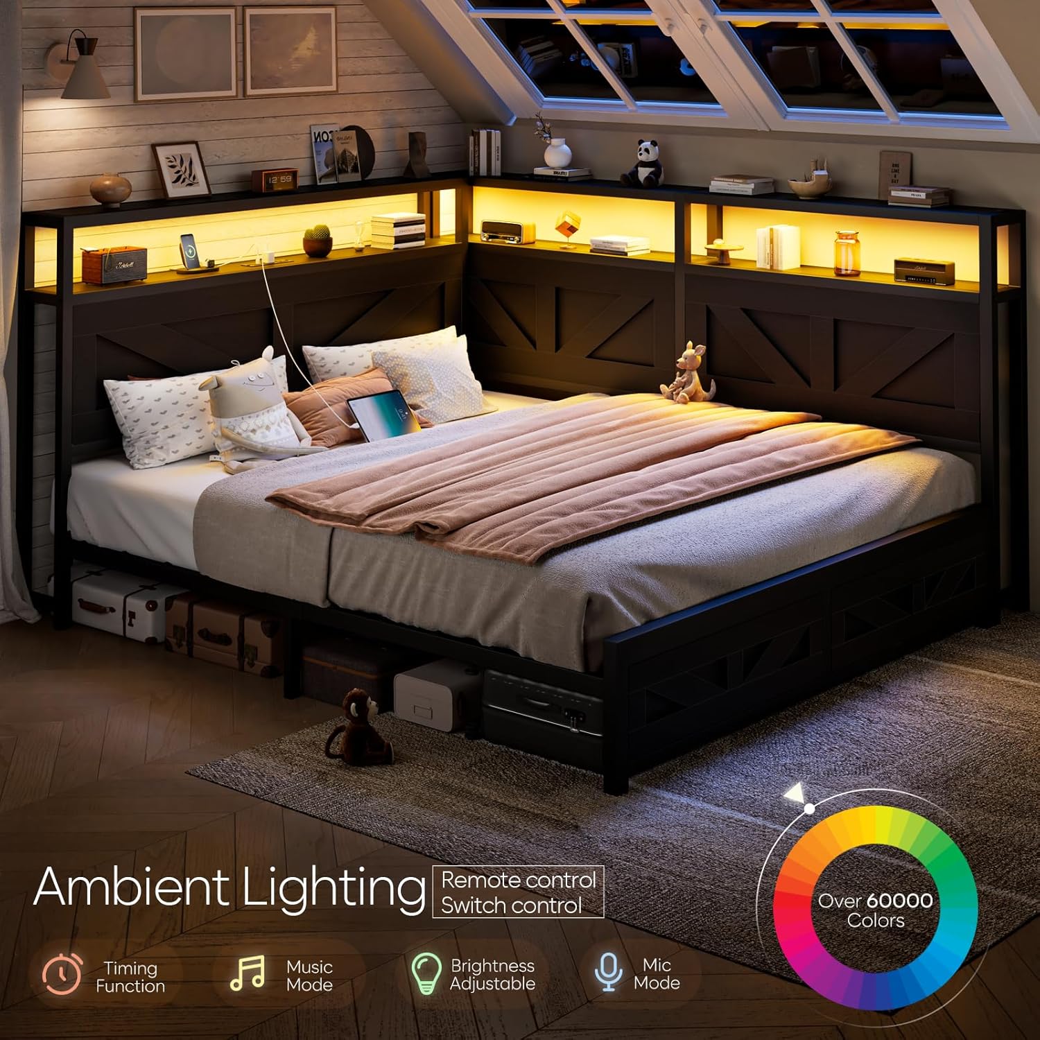 Corner Queen Size Bed Frame with Headboard and Storage Bookcase Large Capacity Farmhouse Bed Frame with LED Lights and Charging Station for Kids Corner Storage Bed