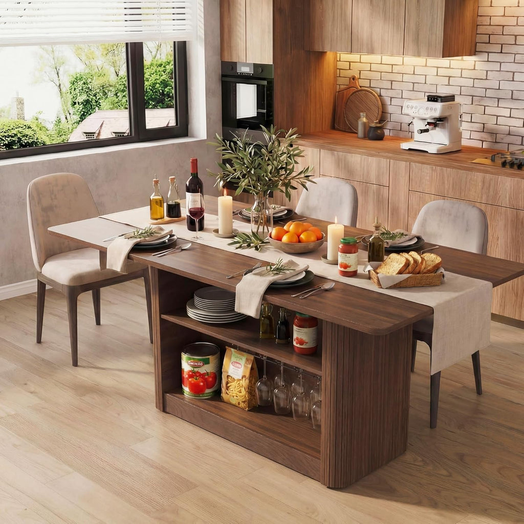 FUQARHY Dining Table for 6, Small Rectangular Kitchen Table for 4 with 2-Tier Storage Shelf, Farmhouse Modern Fluted Wood Table (Walnut)