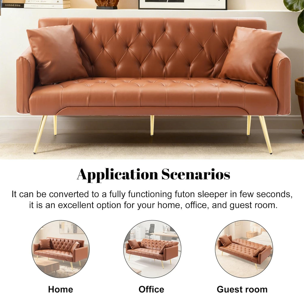 Anwick 72" Modern PU Leather Sofa Bed Futon,Convertible Folding Sleeper Bed Couches with 3 Adjustable Backrests,Tufted Recliner Loveseat with Golden Chrome Legs for Small Living Room Office (Brown)