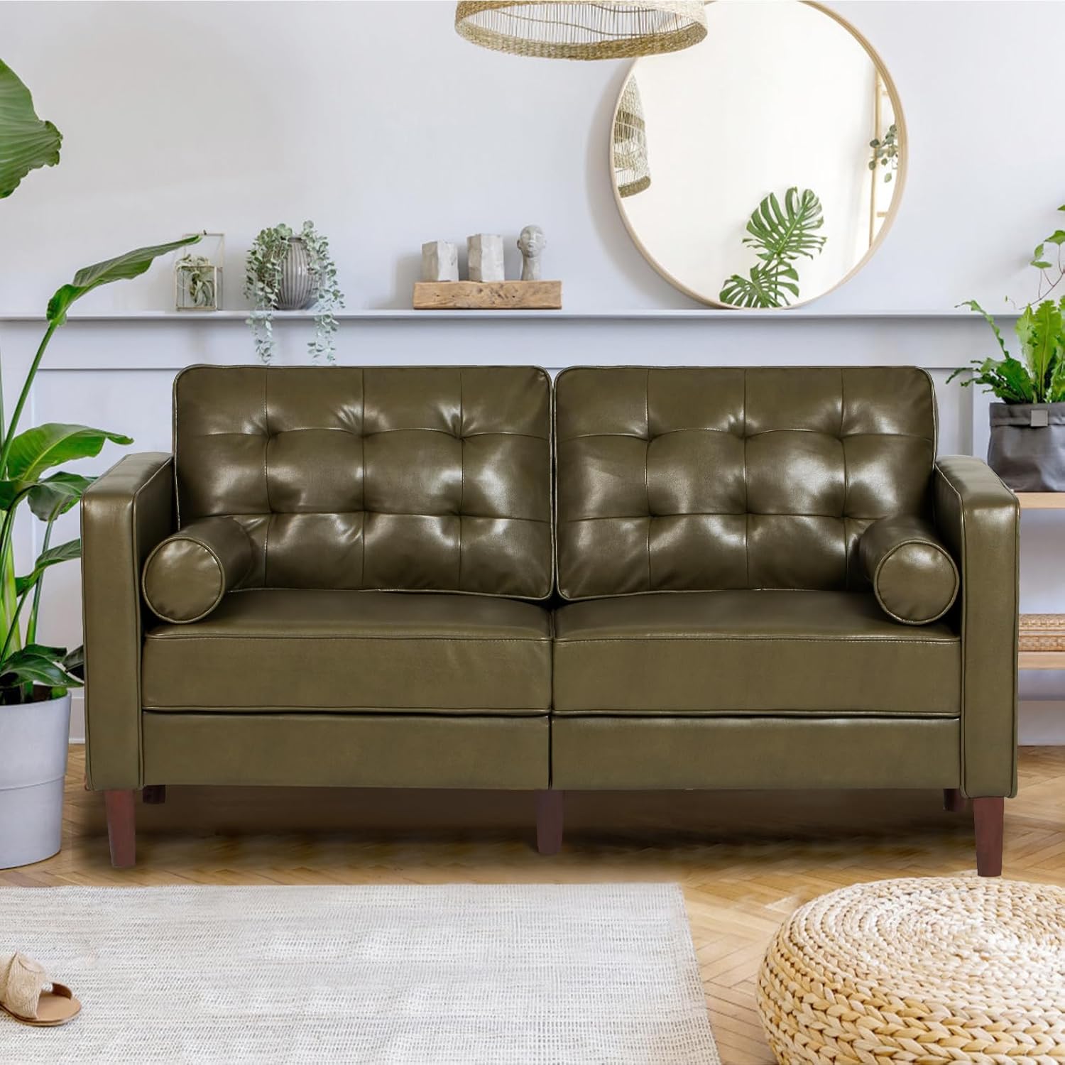 67" Premium Faux Leather 2-Seater Sofa with 2 Bolster Pillows and Tufted Backrest, Mid-Century Modern Loveseat Sofa, Luxury Couch for Living Room, Bedroom, Office, Olive Green