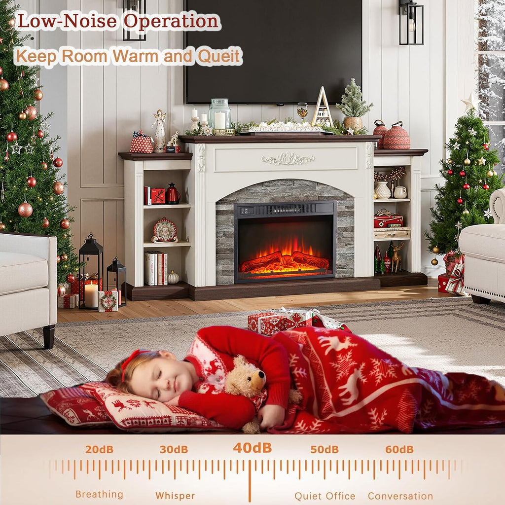 72" Electric Fireplace with Mantel, White TV Stand for TVs Up to 80 Inch, Farmhouse Entertainment Center with Storage for Bedroom,23'' Fireplace Insert Heater for Living Room