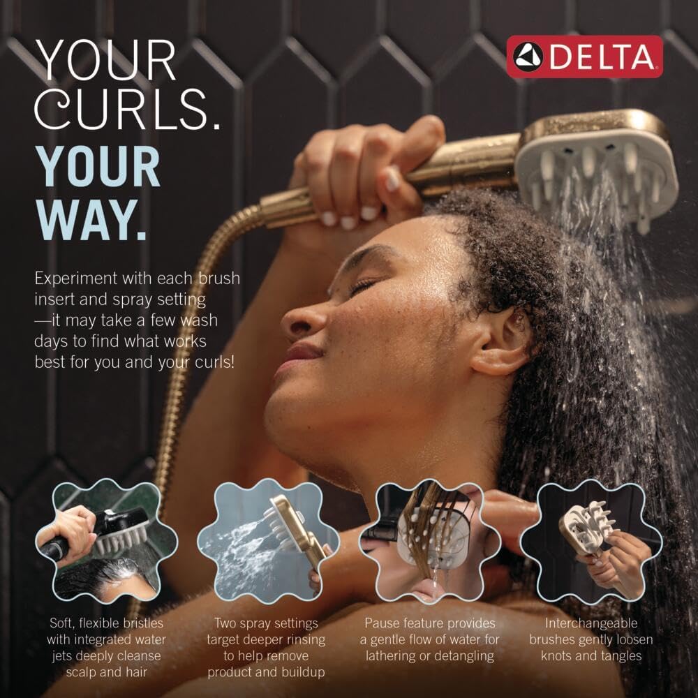 Delta VersaCurl Detangling Handheld Shower Head Tool for Curly Hair with 3 Curl Defining Brush Inserts Included, Detangler Brush Hand Shower with Hose, Matte Black 74B430BL