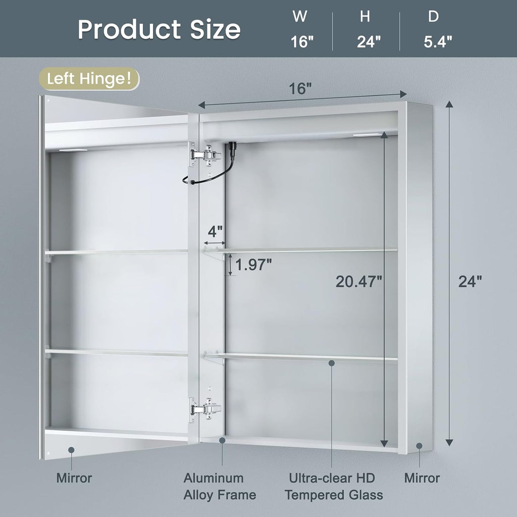 16x24 Inch Medicine Cabinet with Lights, Lighted Medicine Cabinet with Mirror, AL Alloy Frame, Hardwired, Recessed or Wall Mount, 3 Light Colors/Dimmable/Defog,2 Outlets&USBs, 2 Shelves
