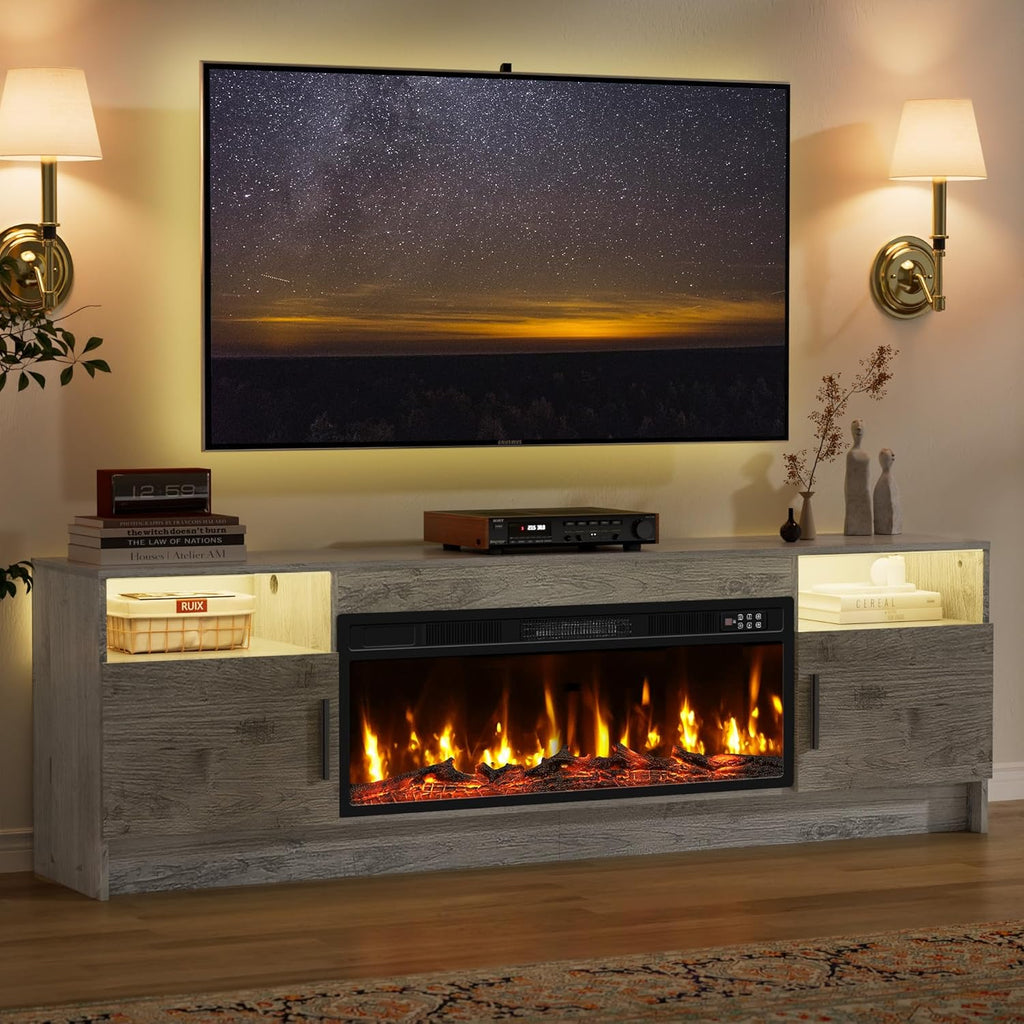 70 Inch Fireplace TV Stand for Living Room with 36" Electric Fireplace, Entertainment Center with Fireplace for TVs Up to 80", Media TV Console Cabinet, Gray LED TV Stand with Storage for Bedroom