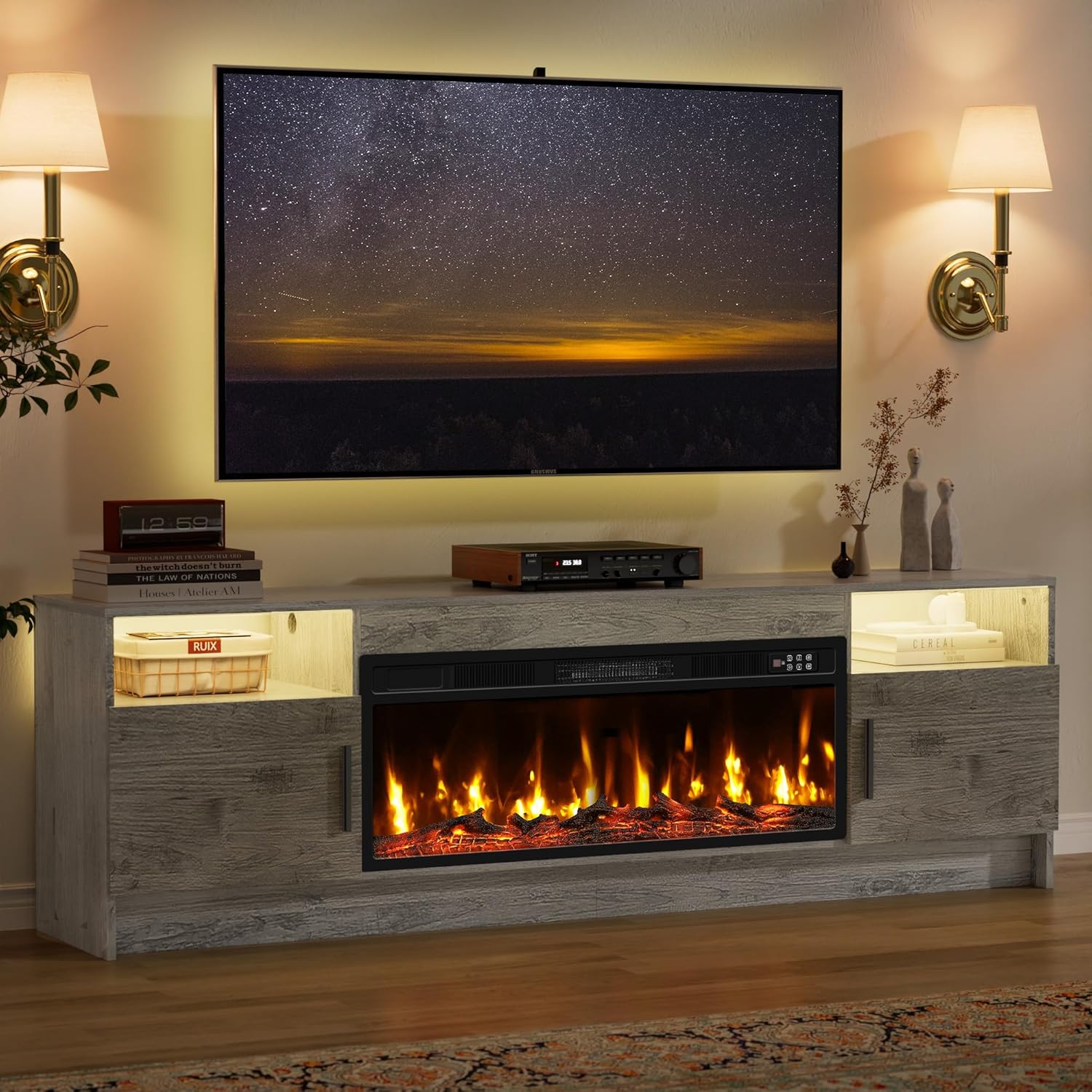 70 Inch Fireplace TV Stand for Living Room with 36" Electric Fireplace, Entertainment Center with Fireplace for TVs Up to 80", Media TV Console Cabinet, Gray LED TV Stand with Storage for Bedroom
