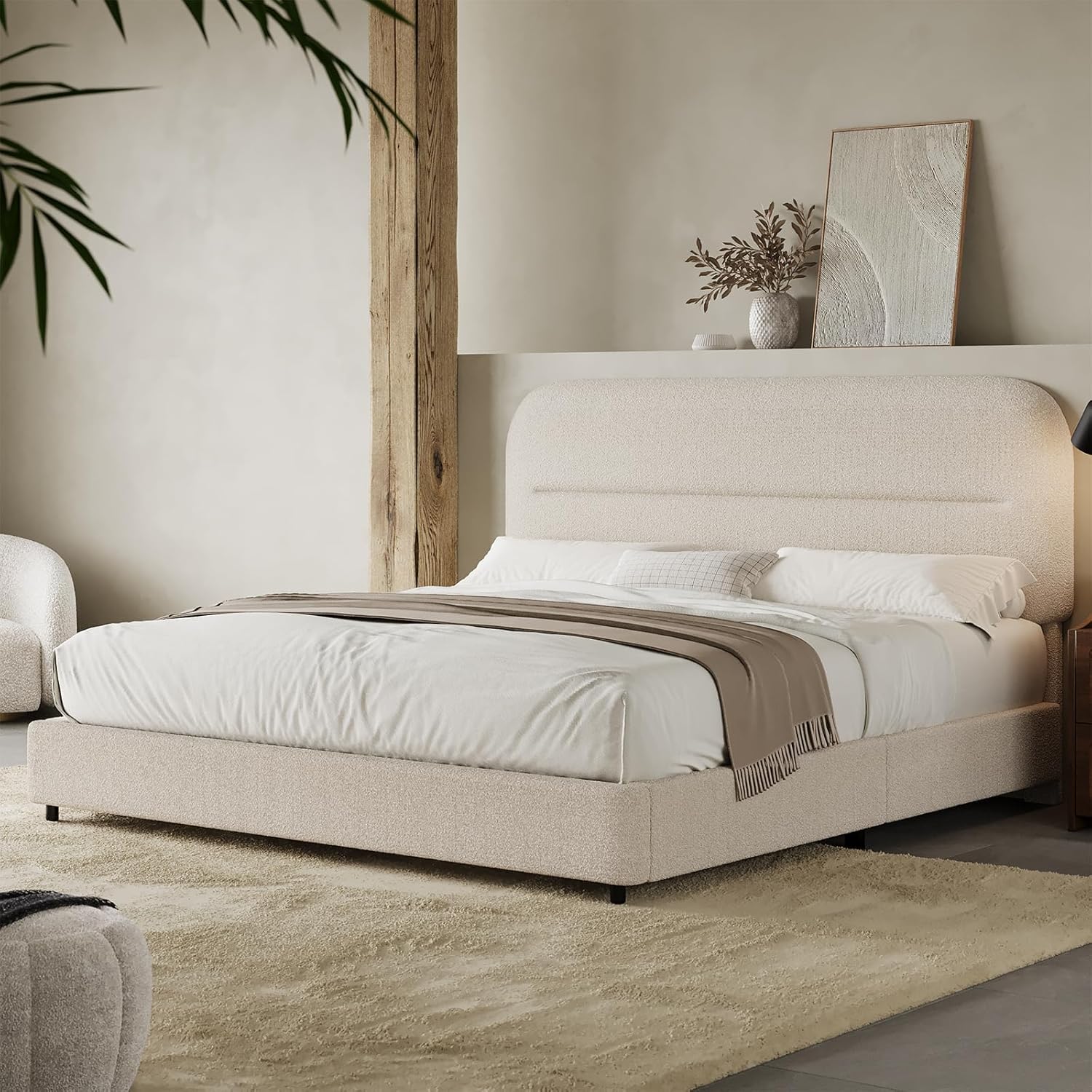 HOMBCK Queen Bed Frame with Headboard, Boucle Upholstered Soft Platform Bed Frame with Thickened Footboard, Rounded Corners Design, No Box Spring Required, Easy Assembly, Cream