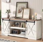 AMERLIFE 66" Farmhouse TV Stand for 75 Inches TVs, Entertainment Center with Sliding Barn Door and Adjustable Shelf & Feet, Console Table with Storage, Distressed White & Rustic
