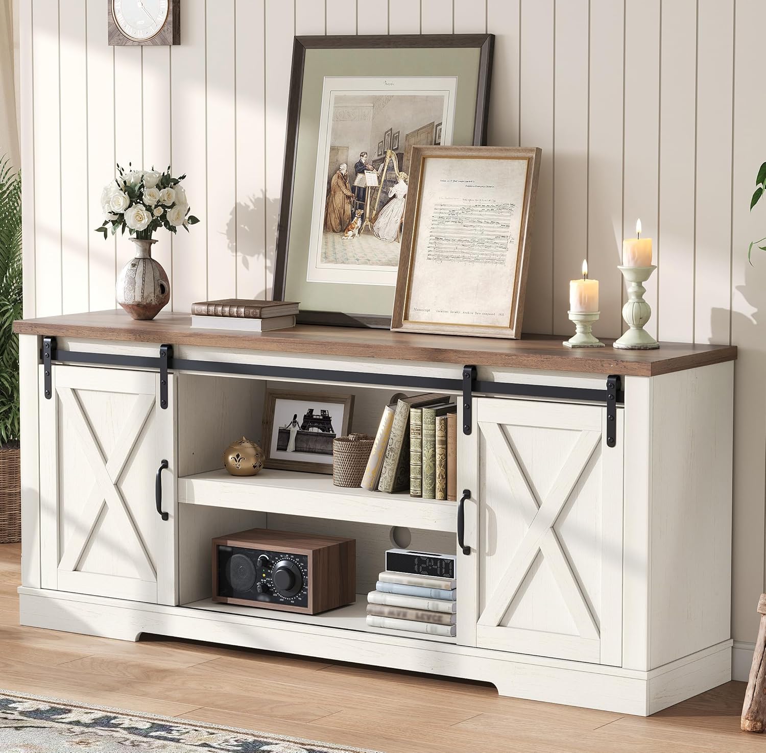 AMERLIFE 66" Farmhouse TV Stand for 75 Inches TVs, Entertainment Center with Sliding Barn Door and Adjustable Shelf & Feet, Console Table with Storage, Distressed White & Rustic