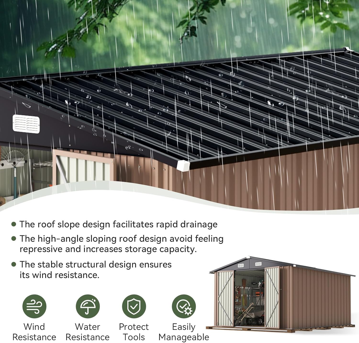 Aoxun 10 x 12FT Outdoor Storage Shed with Double Hinged Large Door Utility Garden Shed with Lockable Door & Sloped Roof Metal Sheds Outdoor Storage for Garden  Backyard  Patio and Backyard  Brown