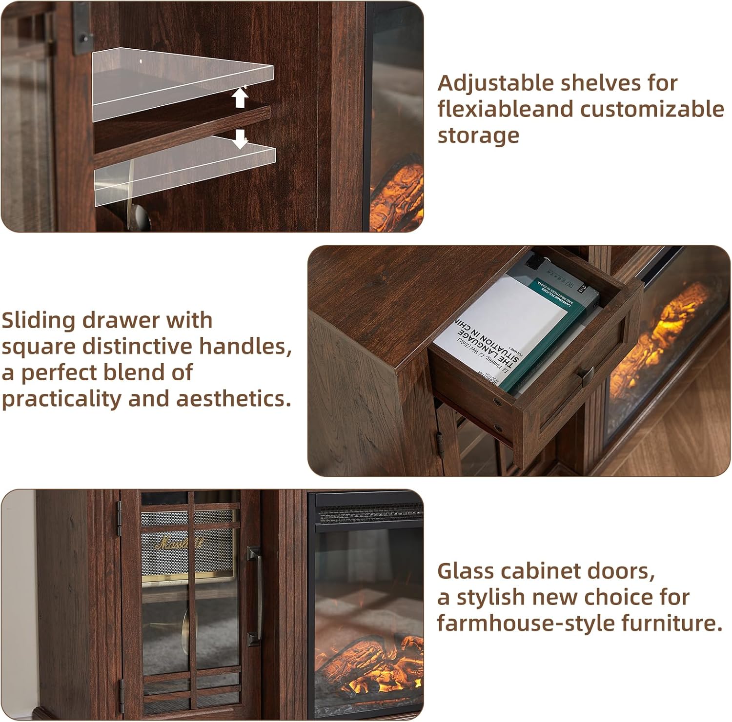 70" Fireplace TV Stand with 36”Silent Electric Fireplace, Farmhouse Entertainment Center for TVs up to 80", 2 Drawers TV Console with Glass Door Cabinet, Walnut TVs Cabinet for Living Room