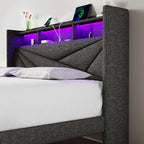 LED Queen Bed Frame with 2 Storage Drawers, Upholstered Bed Frame Queen Size with Headboard and Charging Station, No Box Spring Needed, Easy to Assembly-Dark Grey