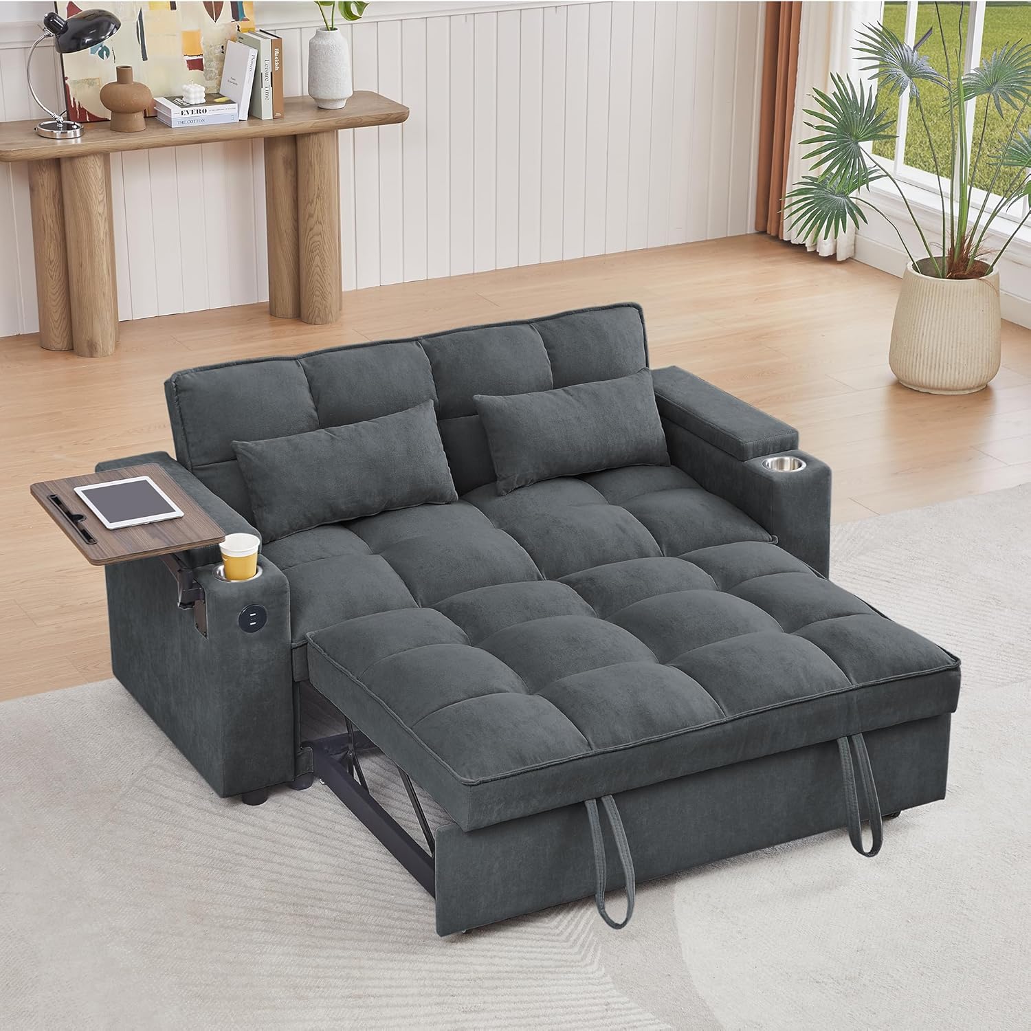 65'' 3-in-1 Folding Convertible Sofa Bed, Pullout Sofa, Modern Chenille Fabric, 360° Swivel Side Table, Easy Assembly, Perfect for Living Room, Grey