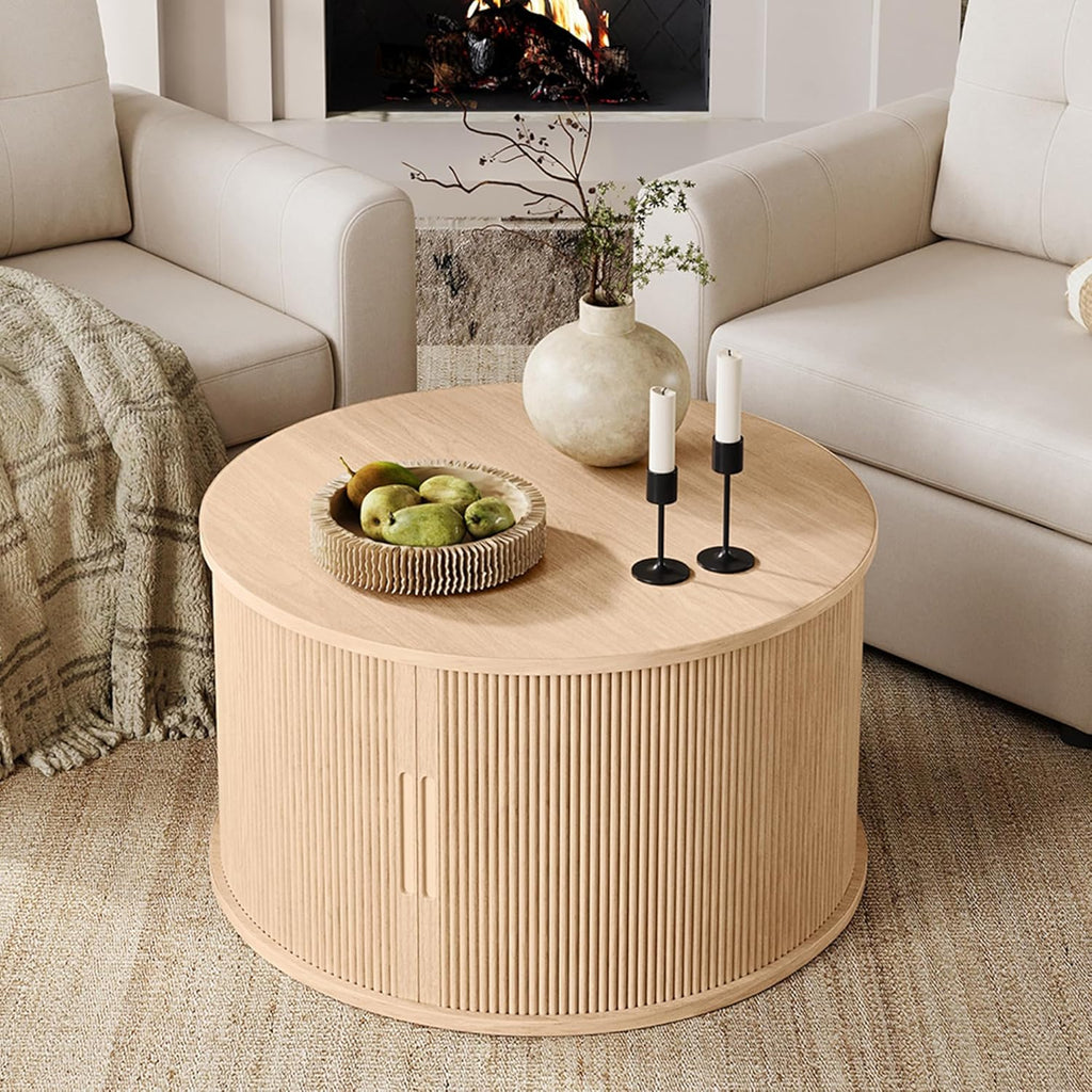 LINSY HOME Round Coffee Table, 31.5" Drum Coffee Table with Sliding Tambour Door, Fluted Accent Center Table with Storage, Mid Century Modern Coffee Table for Living Room, Oak