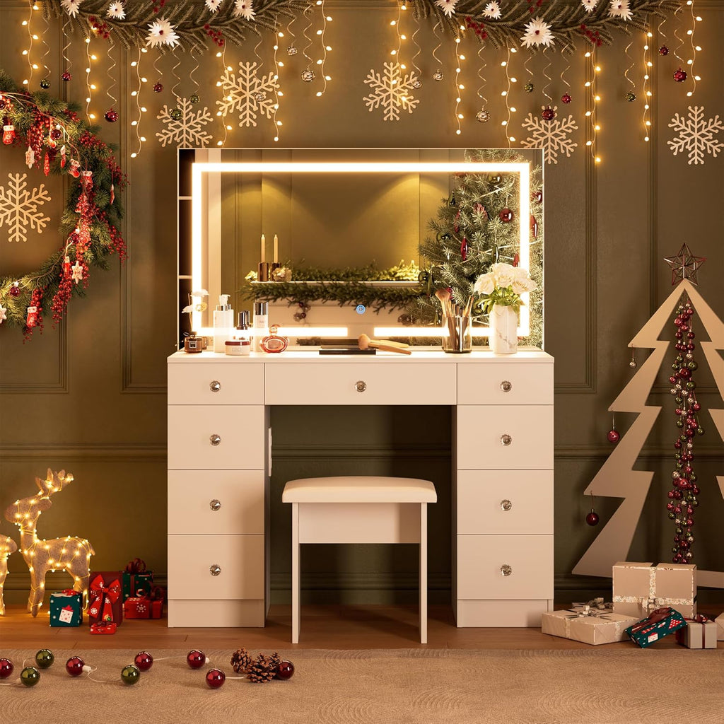 SMOOL Vanity with Mirror and Lights - Vanity Desk with Power Outlet and 9 Drawers, 3 Color Lighting Modes, Adjustable Brightness, Makeup Vanity with Soft Cushioned Stool for Bedroom, White 43Inches