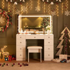 SMOOL Vanity with Mirror and Lights - Vanity Desk with Power Outlet and 9 Drawers, 3 Color Lighting Modes, Adjustable Brightness, Makeup Vanity with Soft Cushioned Stool for Bedroom, White 43Inches