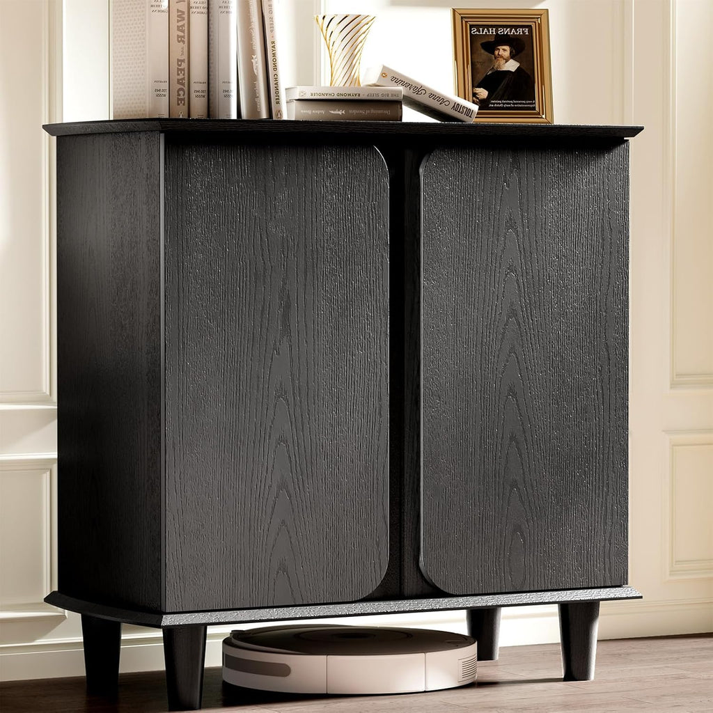 Sideboard Buffet Cabinet with Storage, Modern Black Freestanding Kitchen Cabinet with Raised Legs and Smooth Paint Finish, Curved Edge Accent Table for Living Room, Entryway, Dining Room