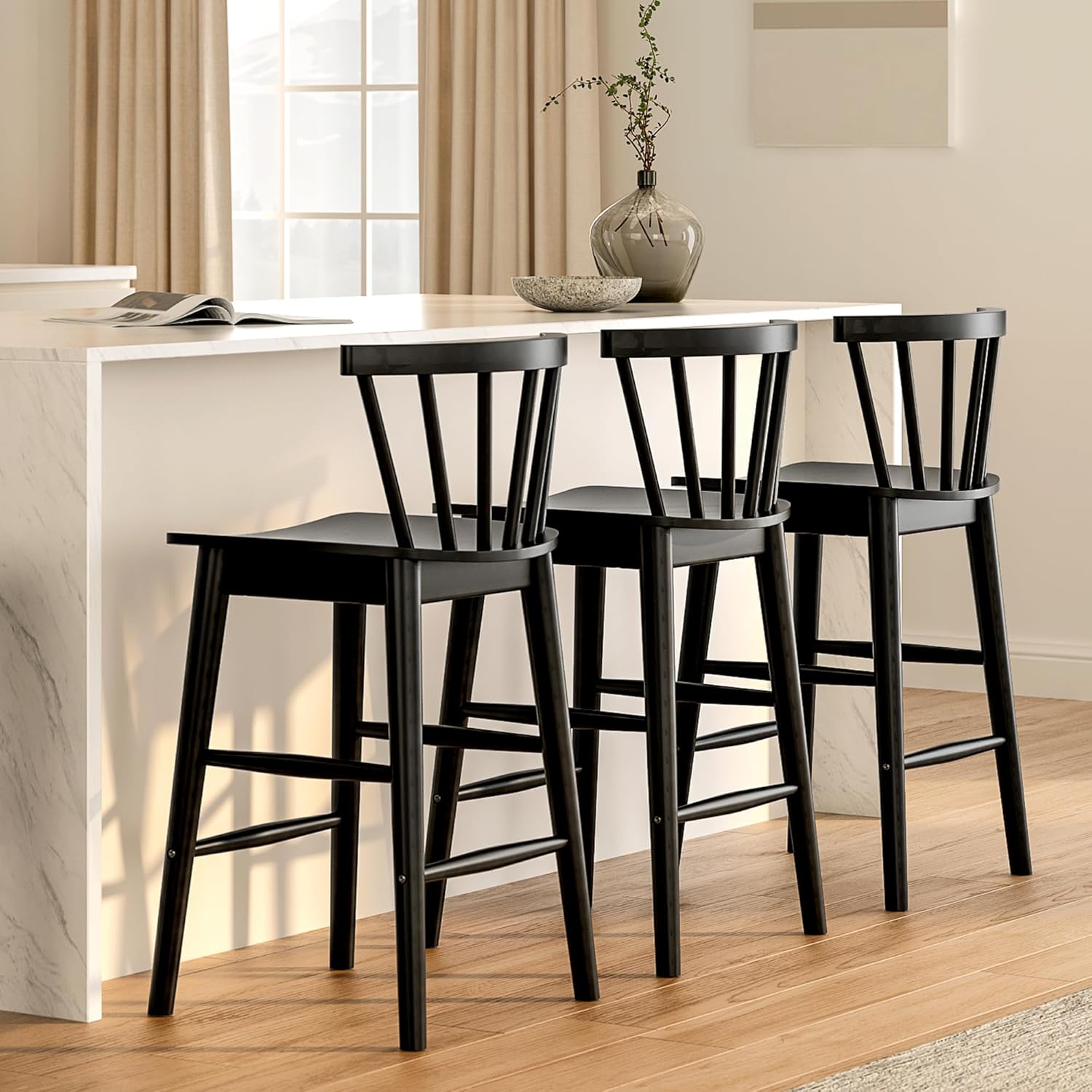 Wood Bar Stools Set of 3, 24" Barstool Farmhouse Counter Stools with Curved Back for Dining Room, Black