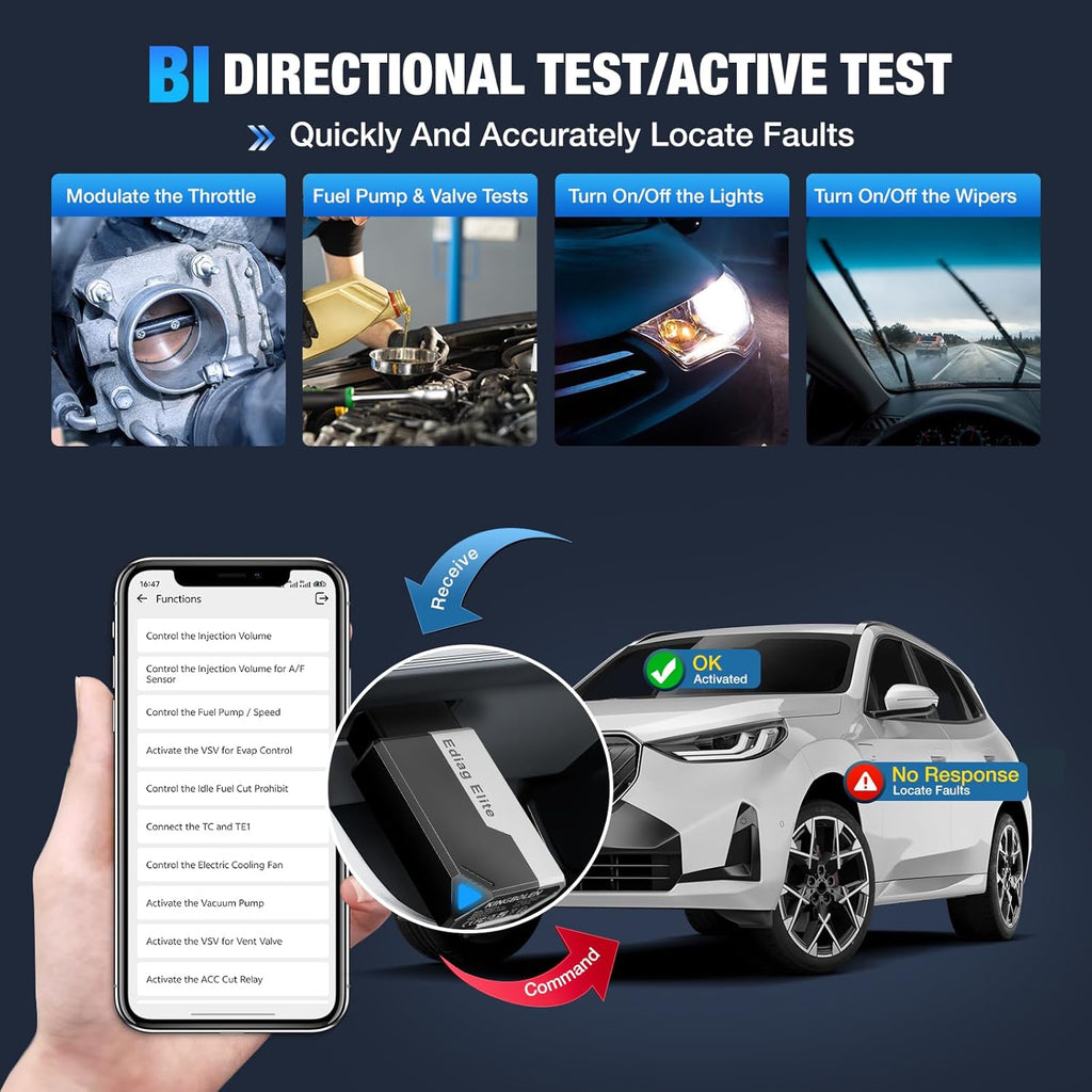 Ediag Elite KINGBOLEN Bluetooth OBD2 Scanner, Lifetime NO Cost Update Bidirectional Scan Tool for iOS & Android, Wireless Full System Car Diagnostic Scanner, 15+ Reset Service, CANFD, FCA AutoAuth