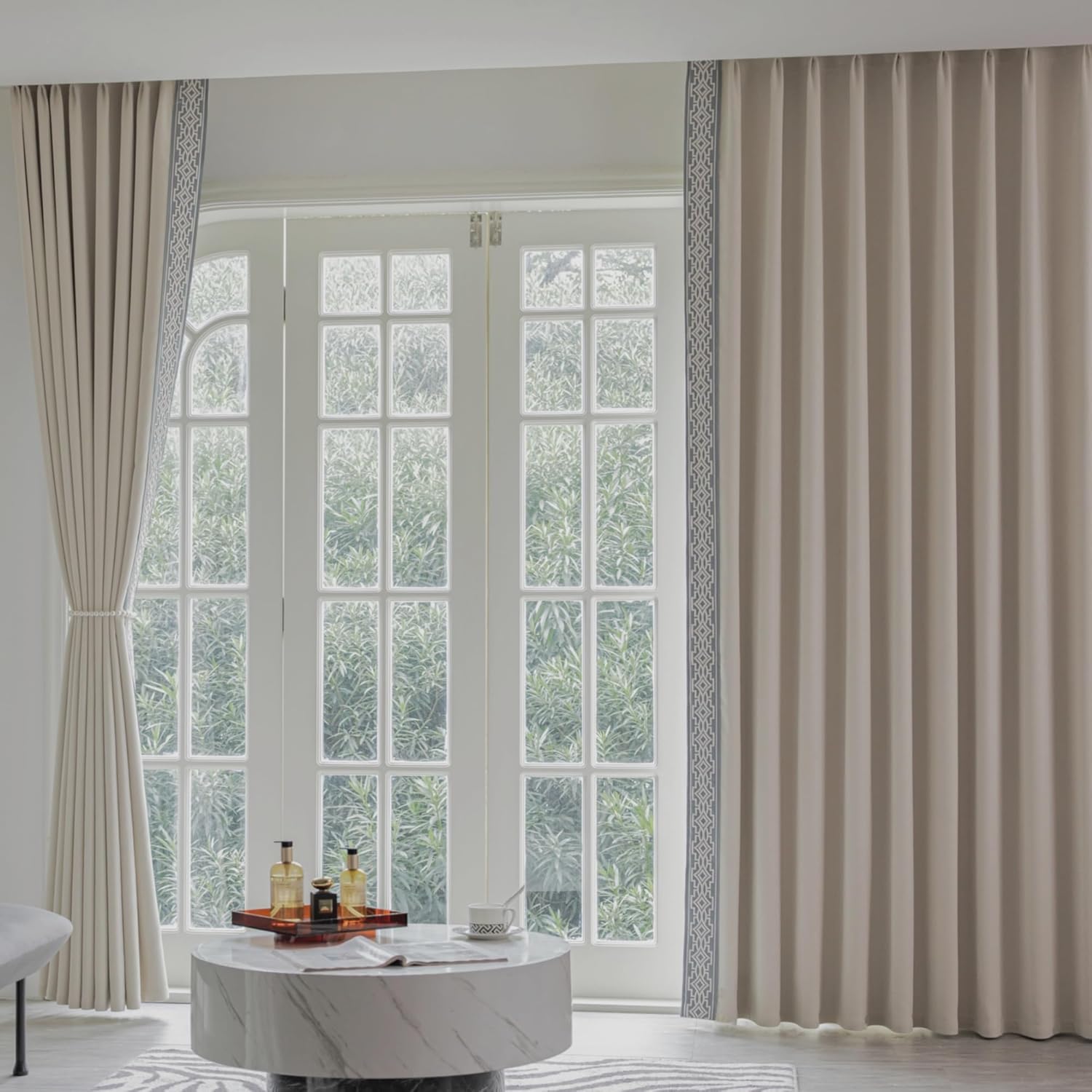 Ivory Cream Cotton Blend Curtain Panels with Trim Design, Pinch Pleat Curtains, Blackout Curtains for Sliding Patio Doors Bedroom (Set of 2) (52W x 96L)