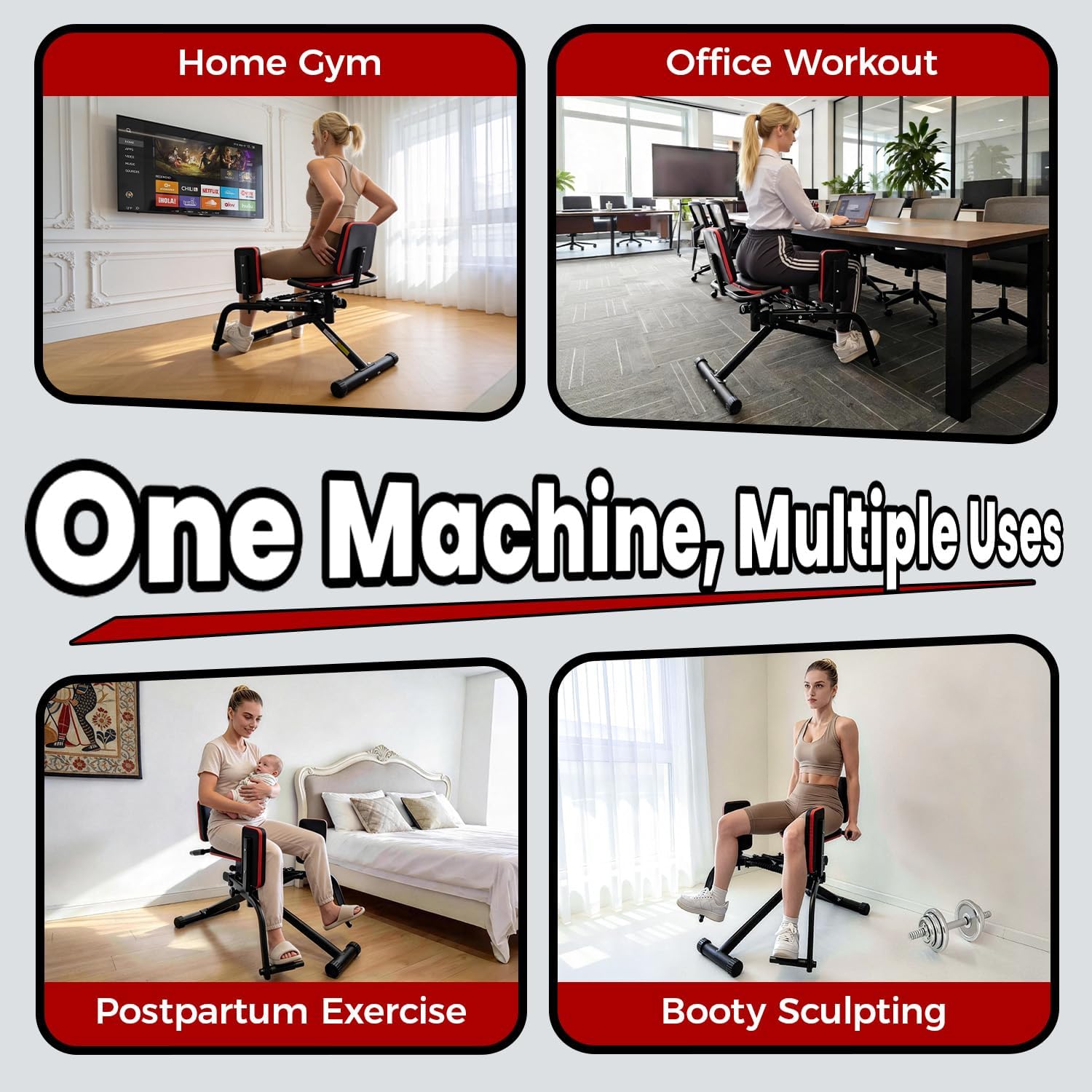 Hip Abductor Machine for Home Gym, 9 Levels Glute Workout Equipment, Booty Builder with 2 Resistance Bands, 2 in 1 Glute & Thigh Abductor Machine for Women & Men