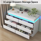 6 Drawer Dresser with Power Outlet, Dresser with LED Light, Modern Chest of Drawers for Closet, Double Wide Drawer Organizer Cabinet for Bedroom, Living Room (White, 6 Drawers)