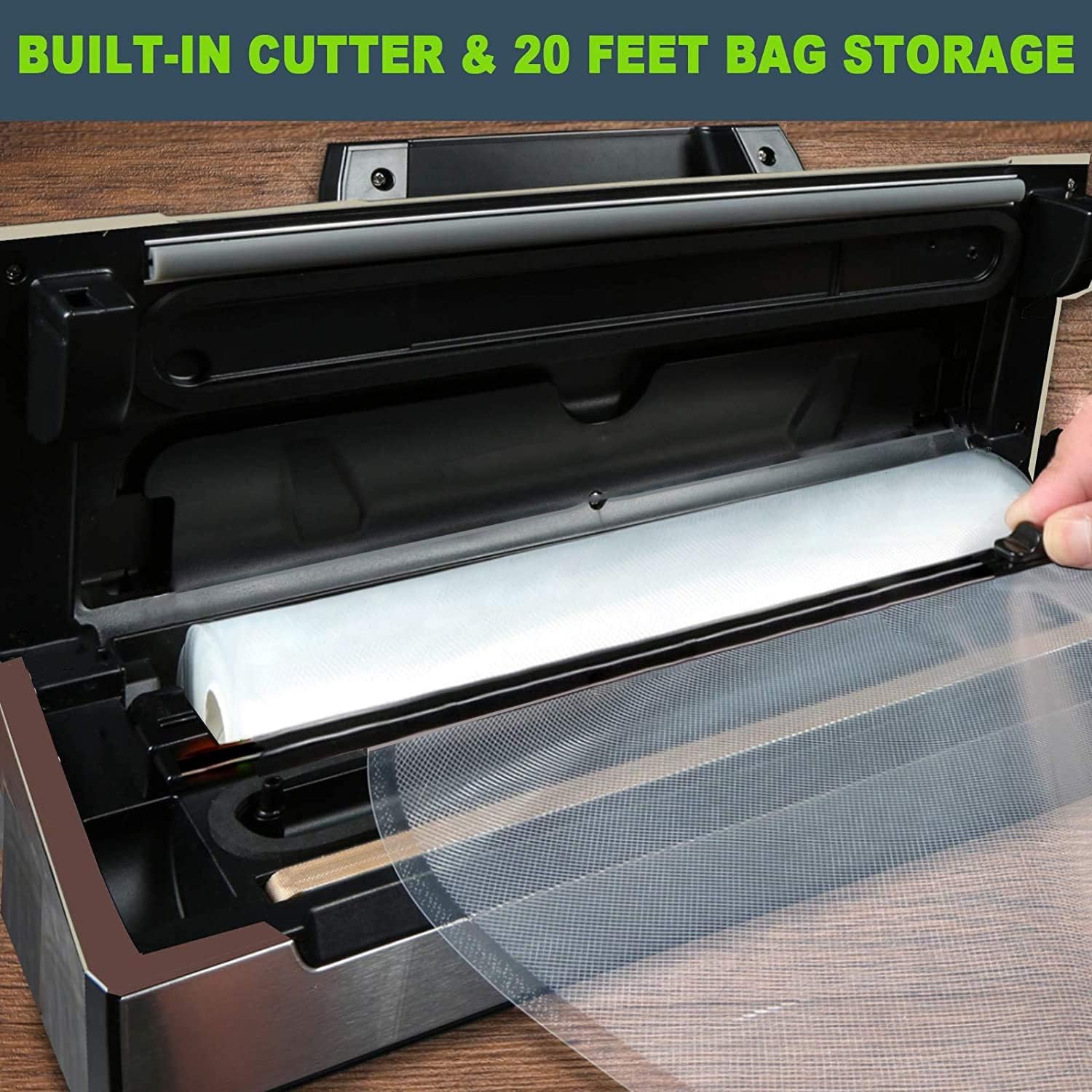 Precision Vacuum Machine,Pro Food Sealer with Built-in Cutter and Bag Storage(Up to 20 Feet Length), Both Auto&Manual Options,2 Modes,Includes 2 Bag Rolls 11”x16' and 8”x16',Compact Design