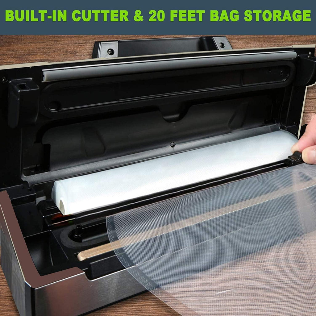 Precision Vacuum Machine,Pro Food Sealer with Built-in Cutter and Bag Storage(Up to 20 Feet Length), Both Auto&Manual Options,2 Modes,Includes 2 Bag Rolls 11”x16' and 8”x16',Compact Design
