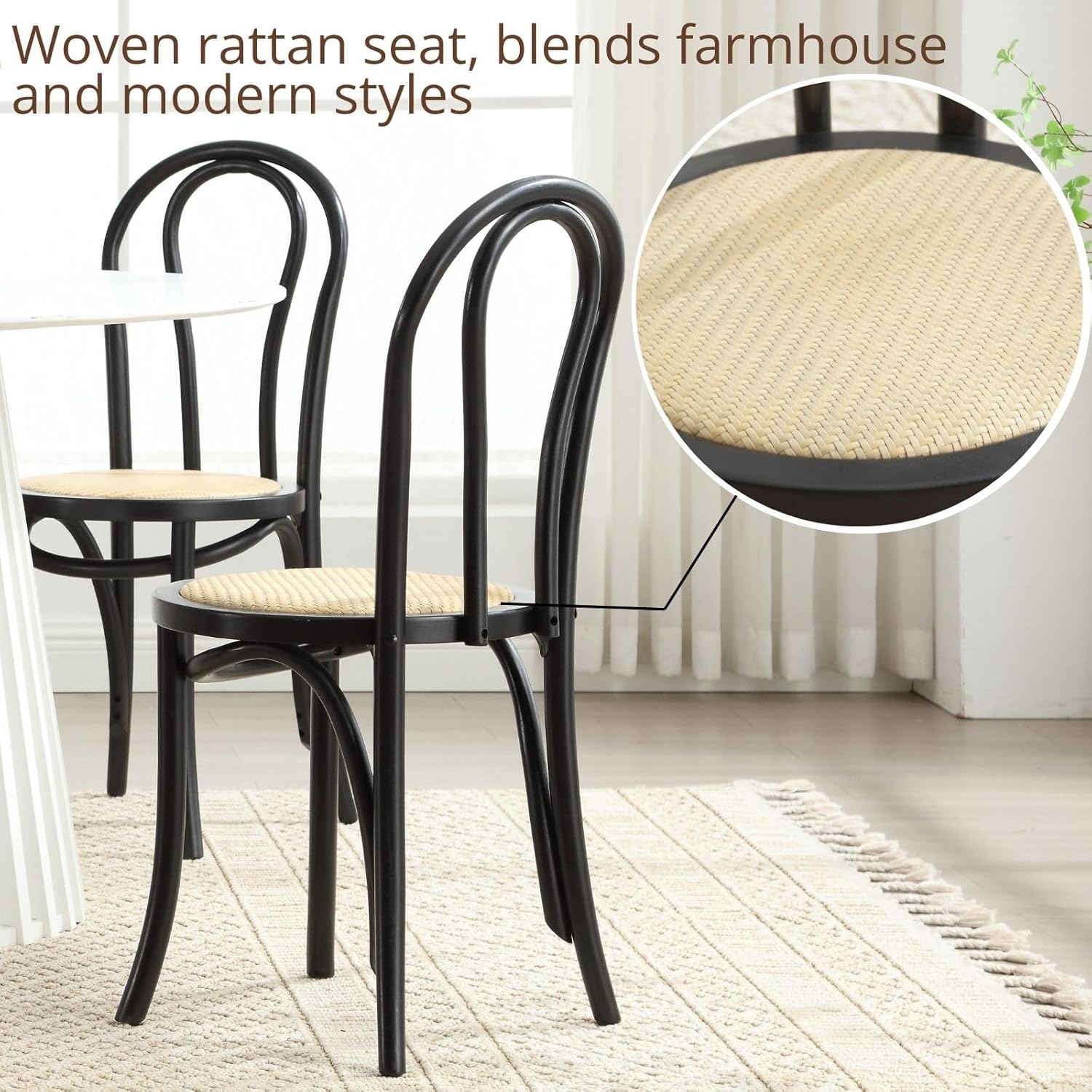 Solid Wood Dining Chairs Set of 2 Mid-Century Modern Rattan Kitchen Room Chairs with Backrest Bentwood Side/Desk Chairs for Dining/Living Room,Home, Black Wood
