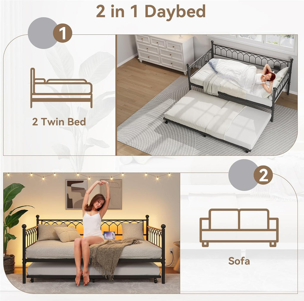 IDEALHOUSE Twin Size Daybed with Trundle, Sofa Bed Frame with Charging Station and LED Lights, Heavy Duty Metal Bed Frame, for Small Spaces, Living Room, Bedroom, Apartment, Black