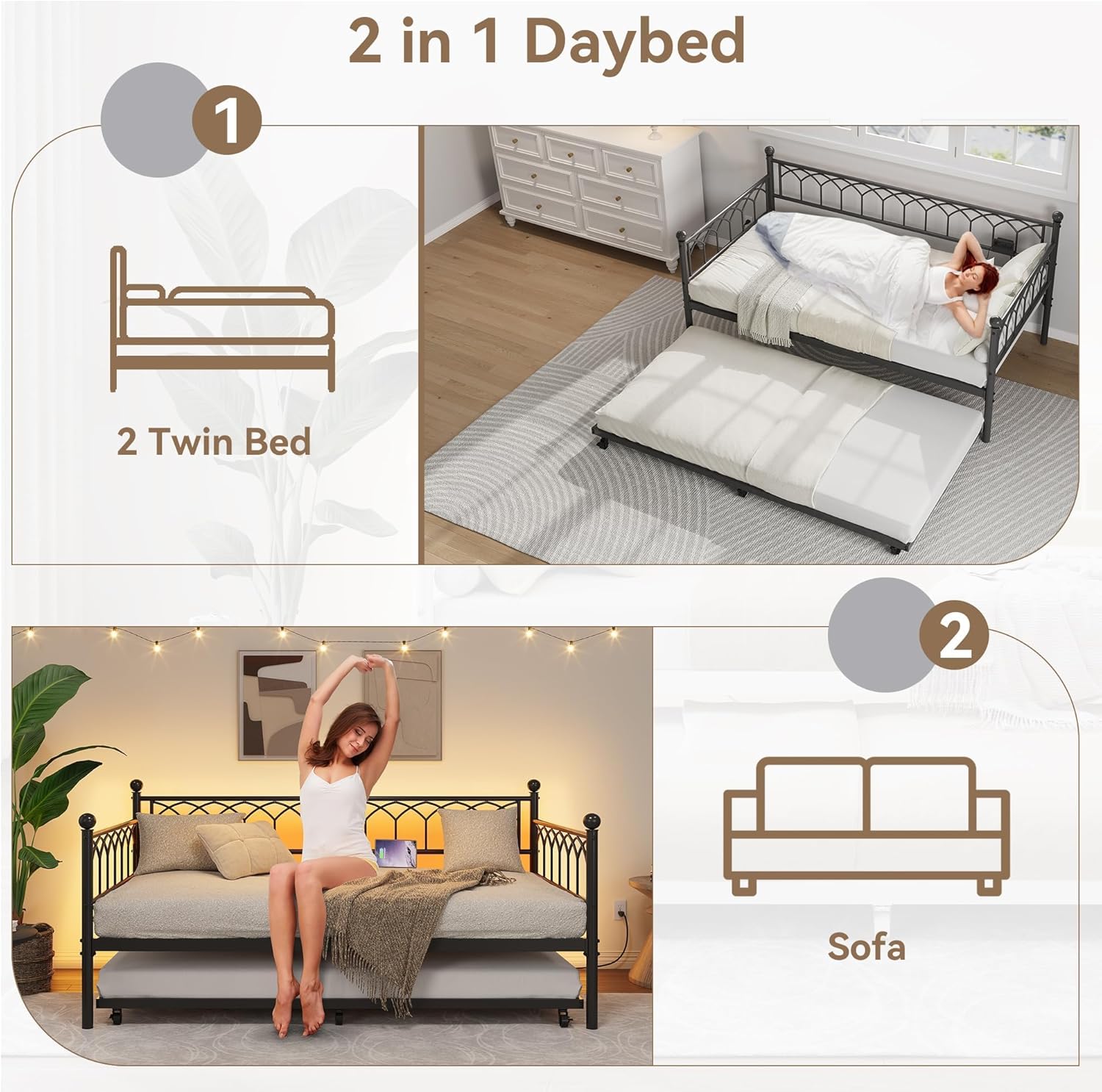 IDEALHOUSE Twin Size Daybed with Trundle, Sofa Bed Frame with Charging Station and LED Lights, Heavy Duty Metal Bed Frame, for Small Spaces, Living Room, Bedroom, Apartment, Black