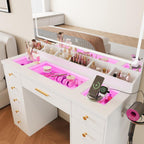 White Vanity Desk with Mirror and Lights,Glass Top Vanity Table with Power Outlet,Dressing Table with 11 RGB Drawers,3 Led Light Modes,Makeup Vanity Desk for Bedroom Women Girls
